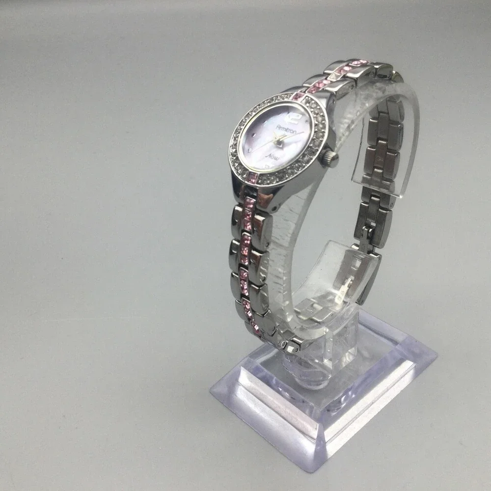 Armitron Now Womens Watch 22mm Pink MOP Crystals Silver Tone New Battery 7.25